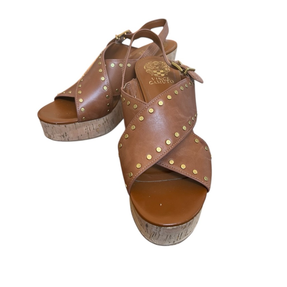 Vince Camuto Ellna Brown leather with studs Wedge Sandals sz 10 resort holiday